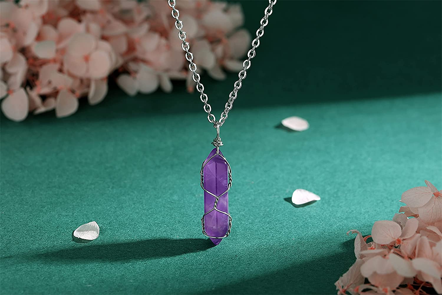 MAIBAOTA Amethyst Healing Crystal Stone Necklace Wire Wrapped Gemstone Point Pendant Necklaces Natur