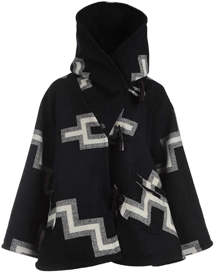 Dosoop Women Fall Winter Woolen Coat Long Sleeve Horn Buckle Vintage Retro Printed Parka Jacket Hood