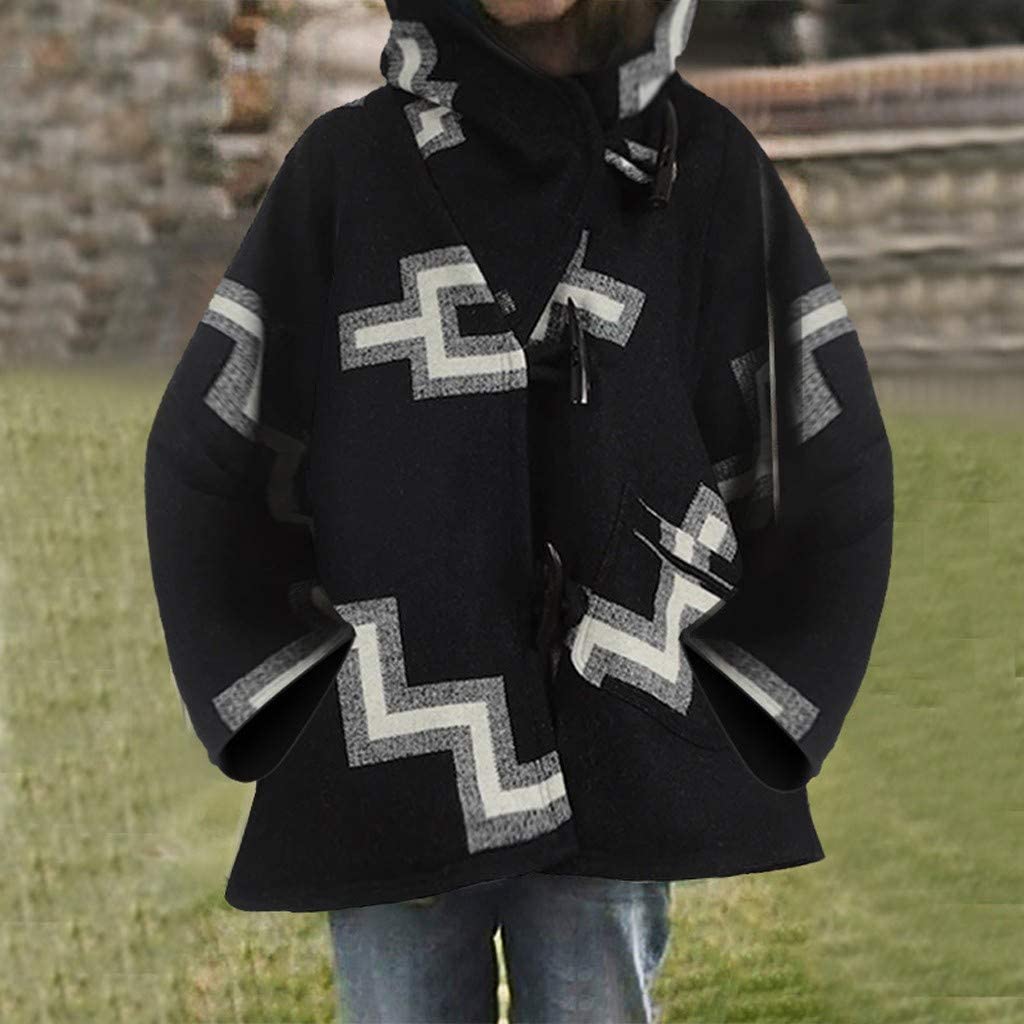 Dosoop Women Fall Winter Woolen Coat Long Sleeve Horn Buckle Vintage Retro Printed Parka Jacket Hood