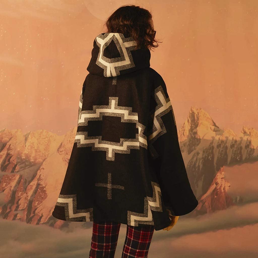 Dosoop Women Fall Winter Woolen Coat Long Sleeve Horn Buckle Vintage Retro Printed Parka Jacket Hood