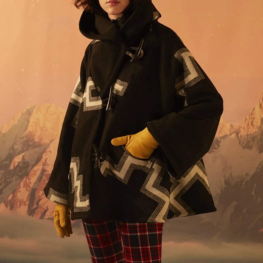Dosoop Women Fall Winter Woolen Coat Long Sleeve Horn Buckle Vintage Retro Printed Parka Jacket Hood