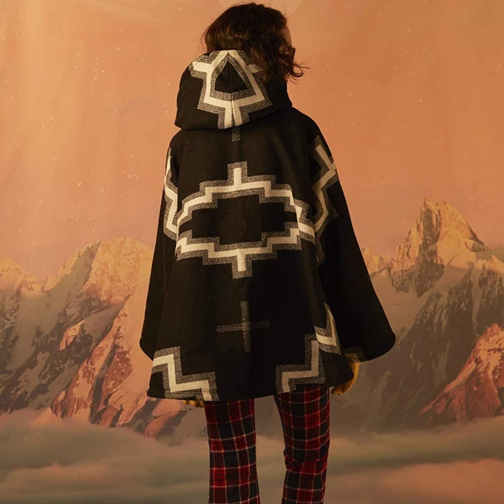 Dosoop Women Fall Winter Woolen Coat Long Sleeve Horn Buckle Vintage Retro Printed Parka Jacket Hood