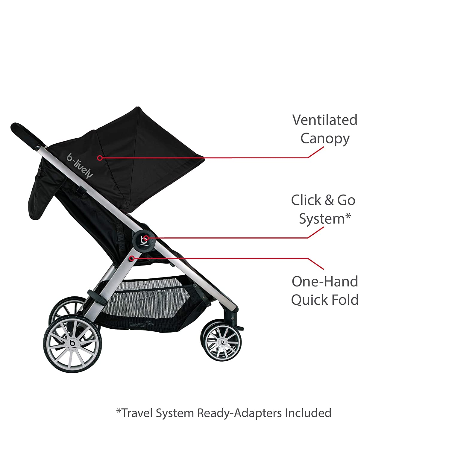 Britax B-Lively Lightweight Stroller, Raven - One Hand Fold, Large UV50+ Canopy, All Wheel Suspensio