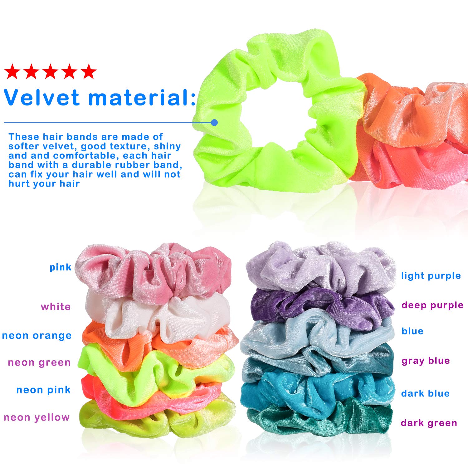 Whaline Neon Scrunchies Summer Velvet Hair Bobble Elastics Hair Bands Soft Hair Ties for Girls, Wome