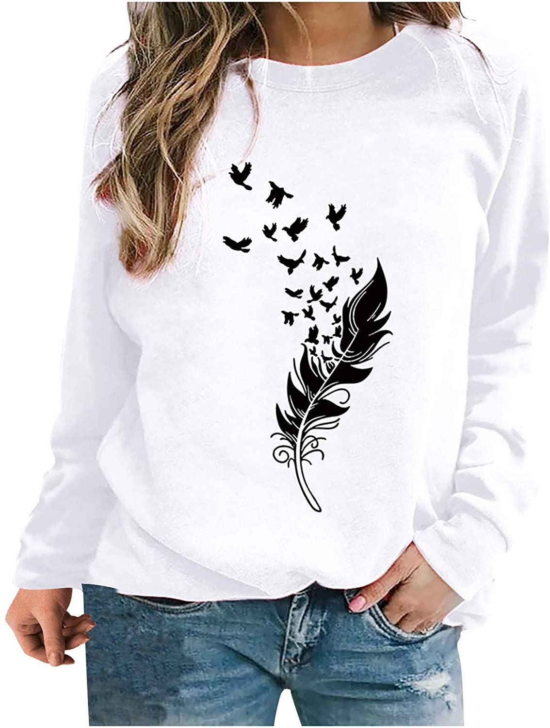 Sweatshirts for Women, Casual Long Sleeve Sweatshirts Feather Graphic Pullover Blouse Sweatshirts Pl