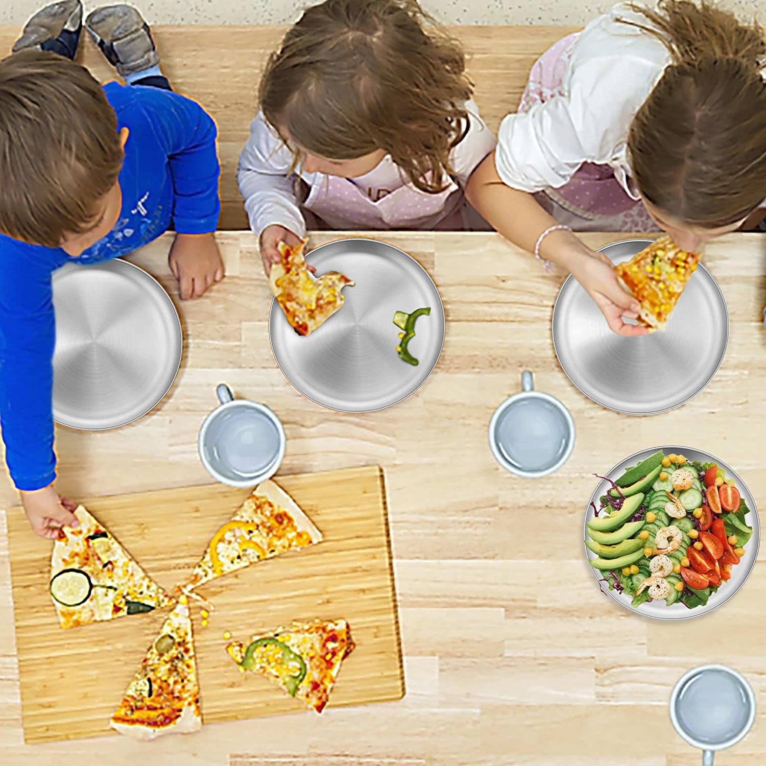 LIANYU 6-Piece Kids 18/8 Stainless Steel Plates, 8 Inch Toddler Metal Round Dinner Plates, Kids Chil