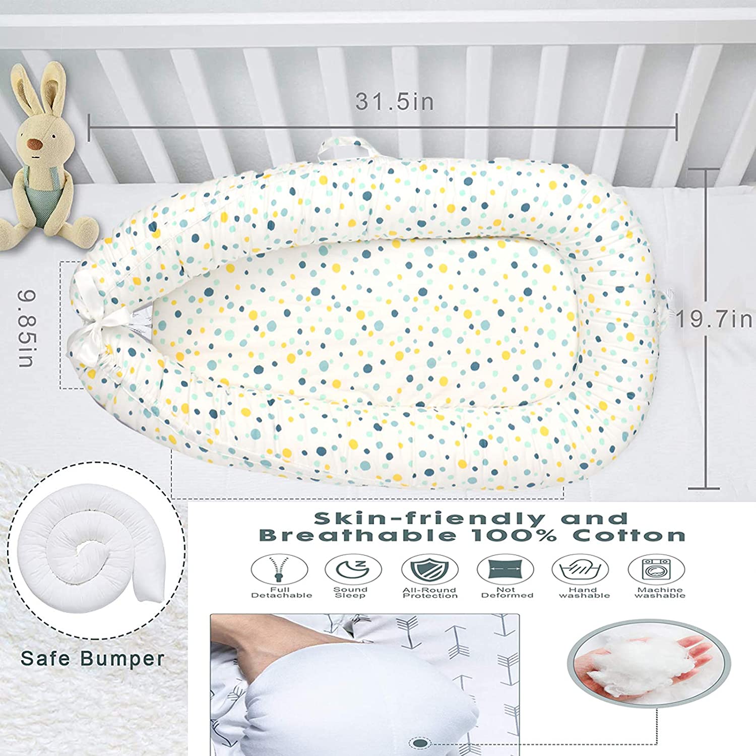 ABREEZE Baby Nest Baby Lounger Co-Sleeping Newborn Lounger Breathable Cotton Crib Bassinet Machine W