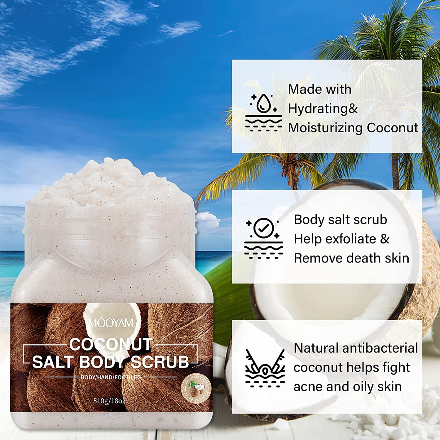 Salt Body Scrub, Exfoliating Body Scrub Coconut Body Scrubs for Women Exfoliation, Dead Skin Remover