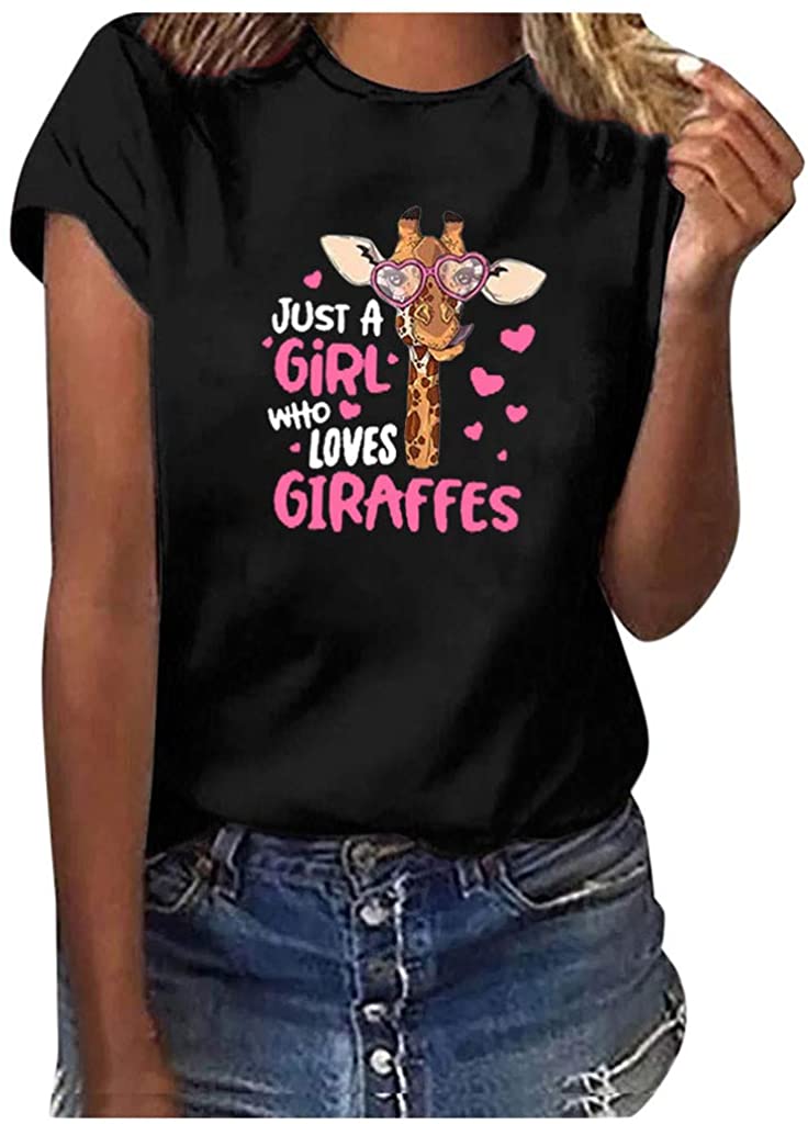 Dosoop Women Just A Girl Who Loves Giraffes T-Shirt Letter Print Crewneck Short Sleeve Plus Size Cas