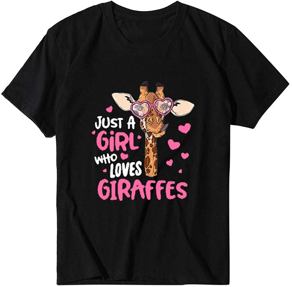 Dosoop Women Just A Girl Who Loves Giraffes T-Shirt Letter Print Crewneck Short Sleeve Plus Size Cas
