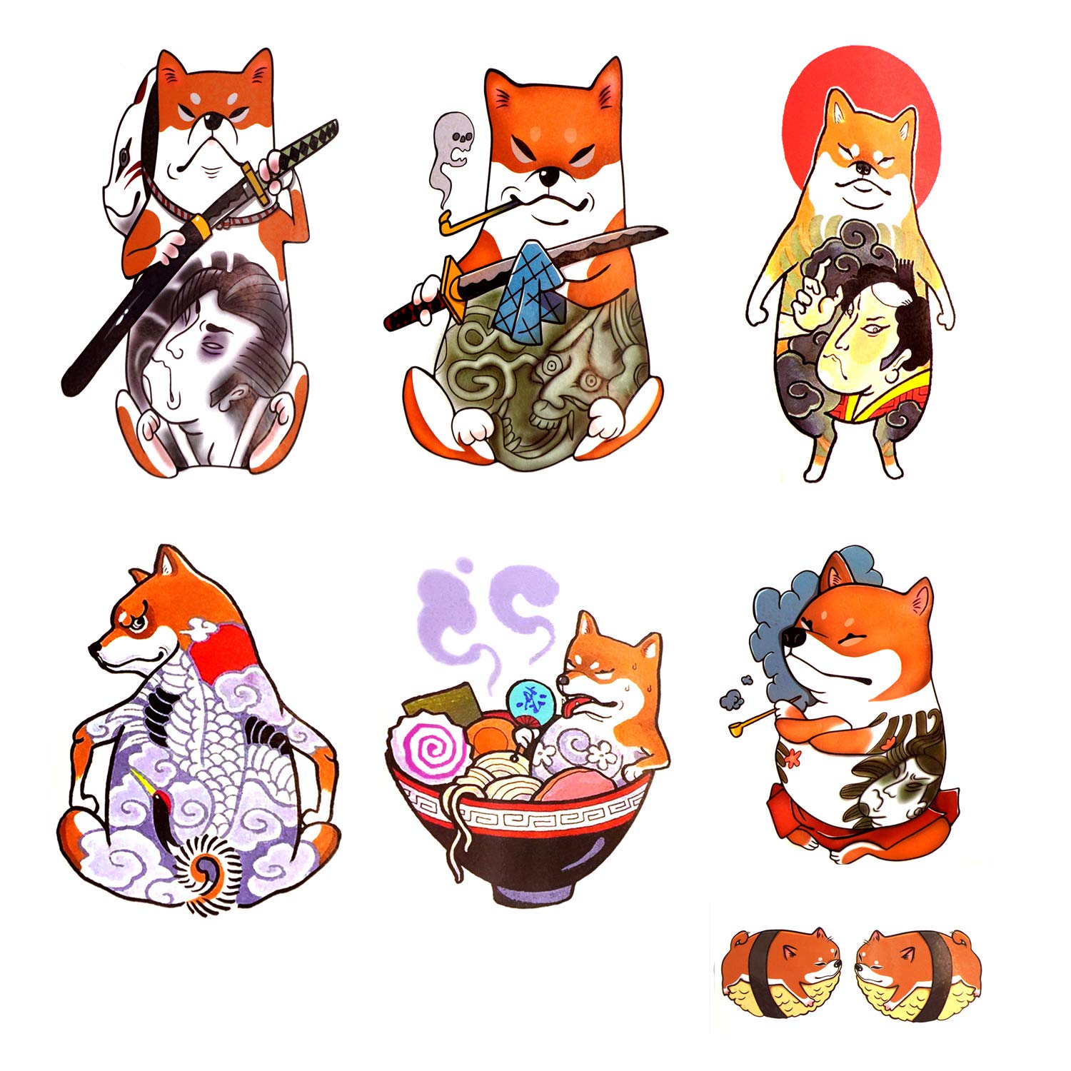 Oottati 7 Sheets Super Cute Janpan Shiba Inu Dog Fake Temporary Tattoos
