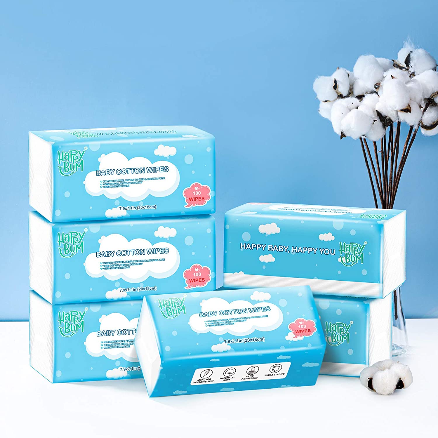 Dry Wipes - HAPPY BUM Dry Baby Wipes, 100% Cotton Baby Wipes, Unscented Cotton Tissues for Sensitive