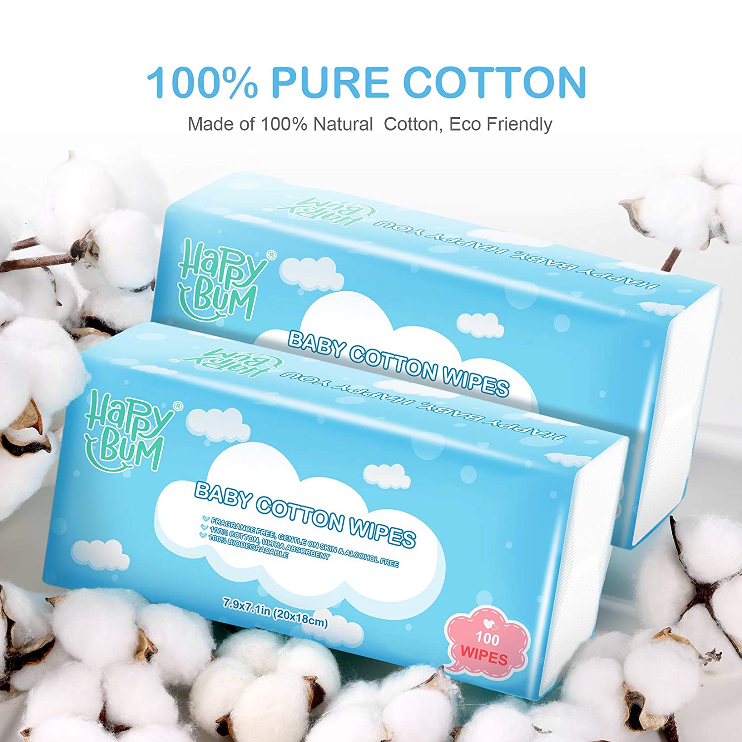 Dry Wipes - HAPPY BUM Dry Baby Wipes, 100% Cotton Baby Wipes, Unscented Cotton Tissues for Sensitive
