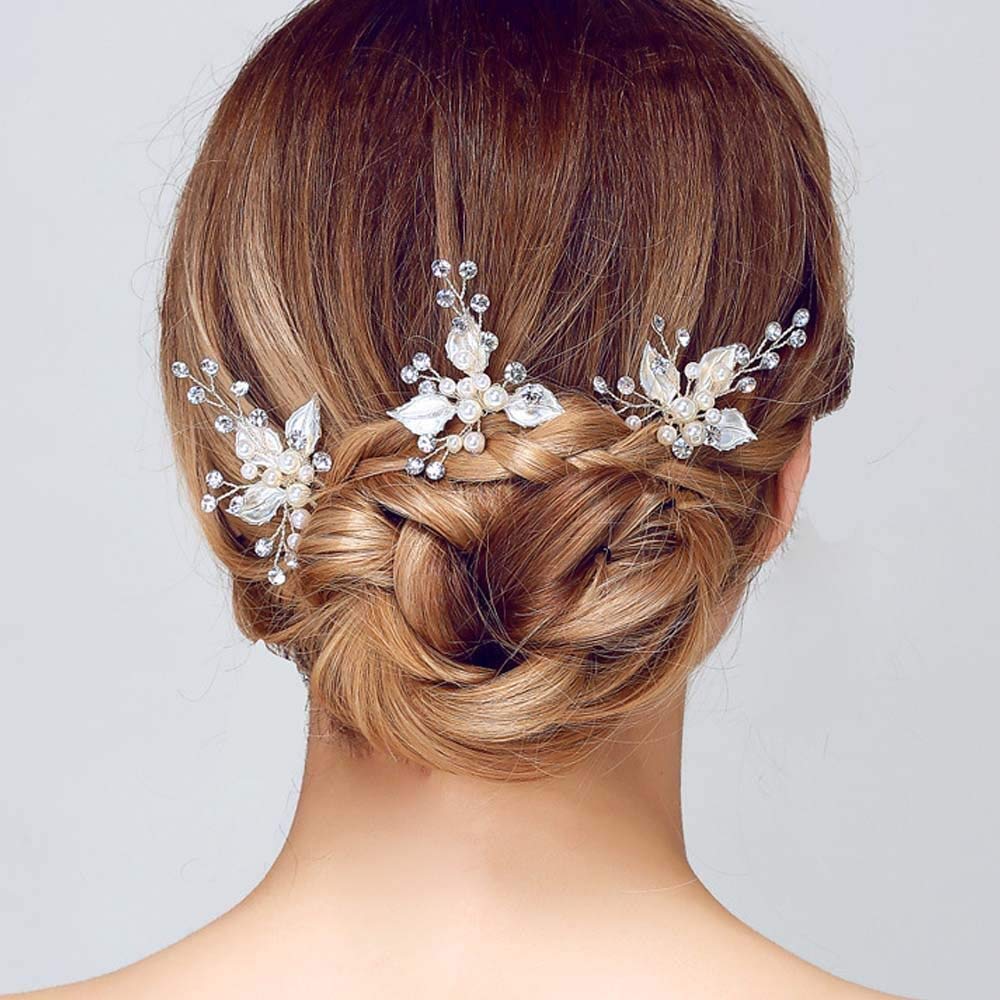 Sppry Wedding Hair Pins (3 Pcs) - Elegant Pearl Leaf Crystal Hair Accessories for Bridal Women (Rose