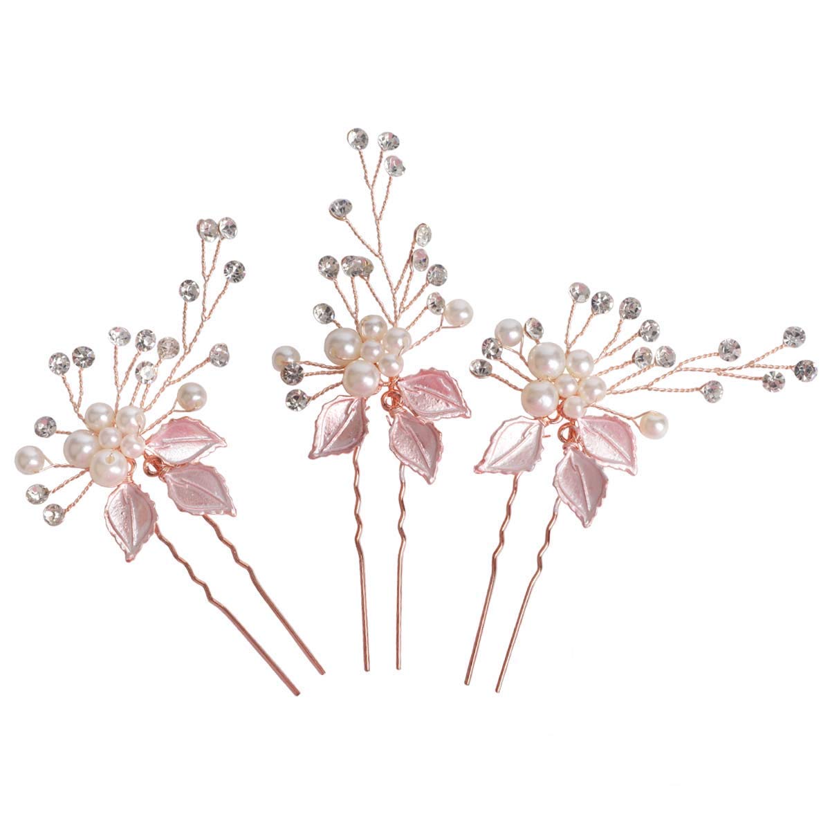 Sppry Wedding Hair Pins (3 Pcs) - Elegant Pearl Leaf Crystal Hair Accessories for Bridal Women (Rose