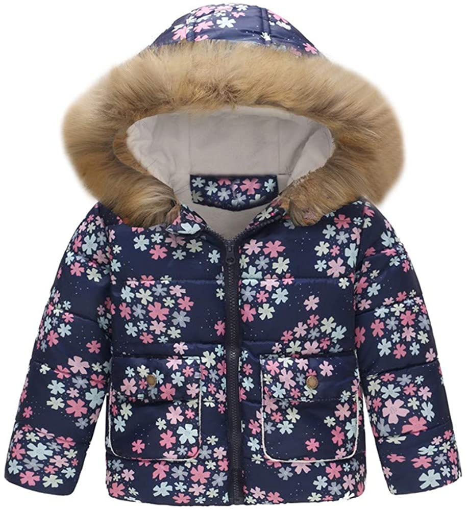 Franterd Winter Coat Little Boys Girls Floral Lightweight Warm Jacket Windproof Zipper Pockets Hoode