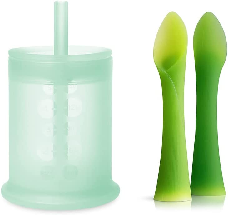 Olababy 100% Silicone Training Cup with Straw Lid (Mint) and Training Spoon Set Bundle