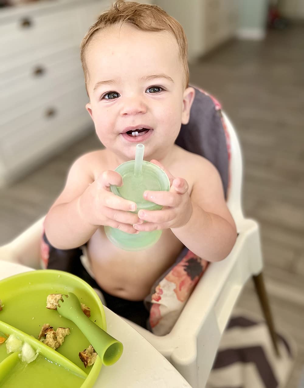 Olababy 100% Silicone Training Cup with Straw Lid (Mint) and Training Spoon Set Bundle