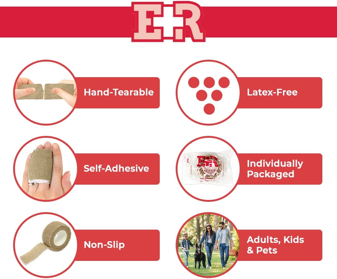 Ever Ready First Aid Self Adherent Cohesive Wrap Bandages 1” x 5 Yards for First Aid, Sprains, Swe