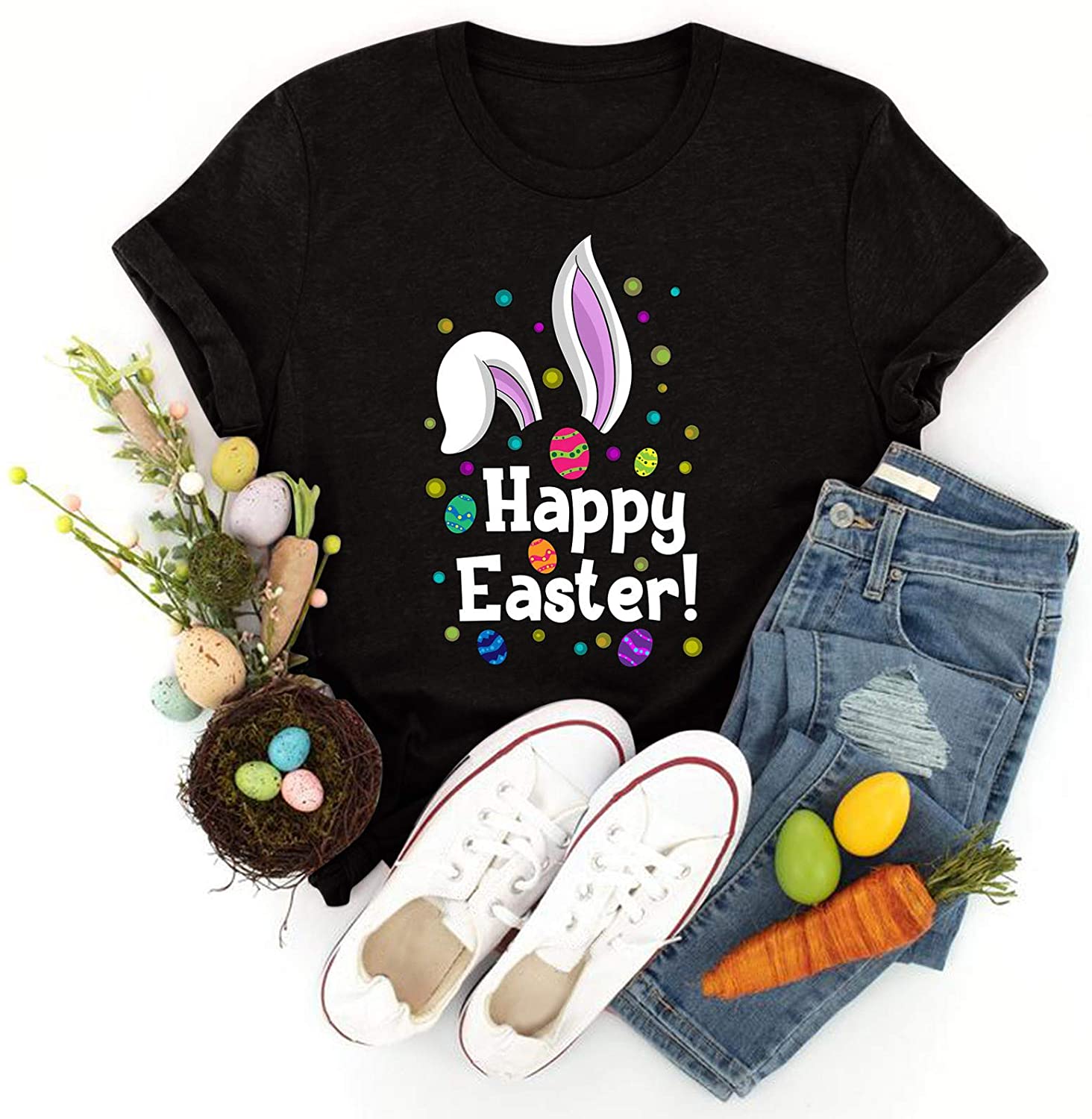 Dosoop Womens Happy Easter Letter Printed T-Shirt Short Sleeve Graphic Shirts Tees Crewneck Casual L