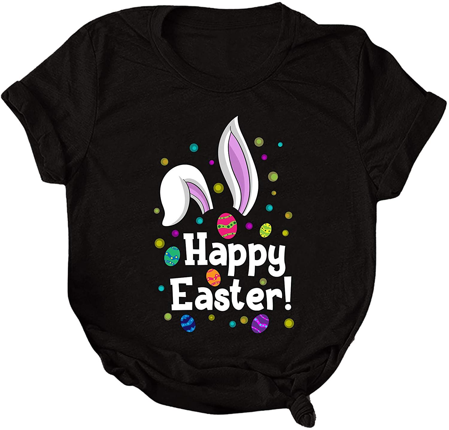 Dosoop Womens Happy Easter Letter Printed T-Shirt Short Sleeve Graphic Shirts Tees Crewneck Casual L