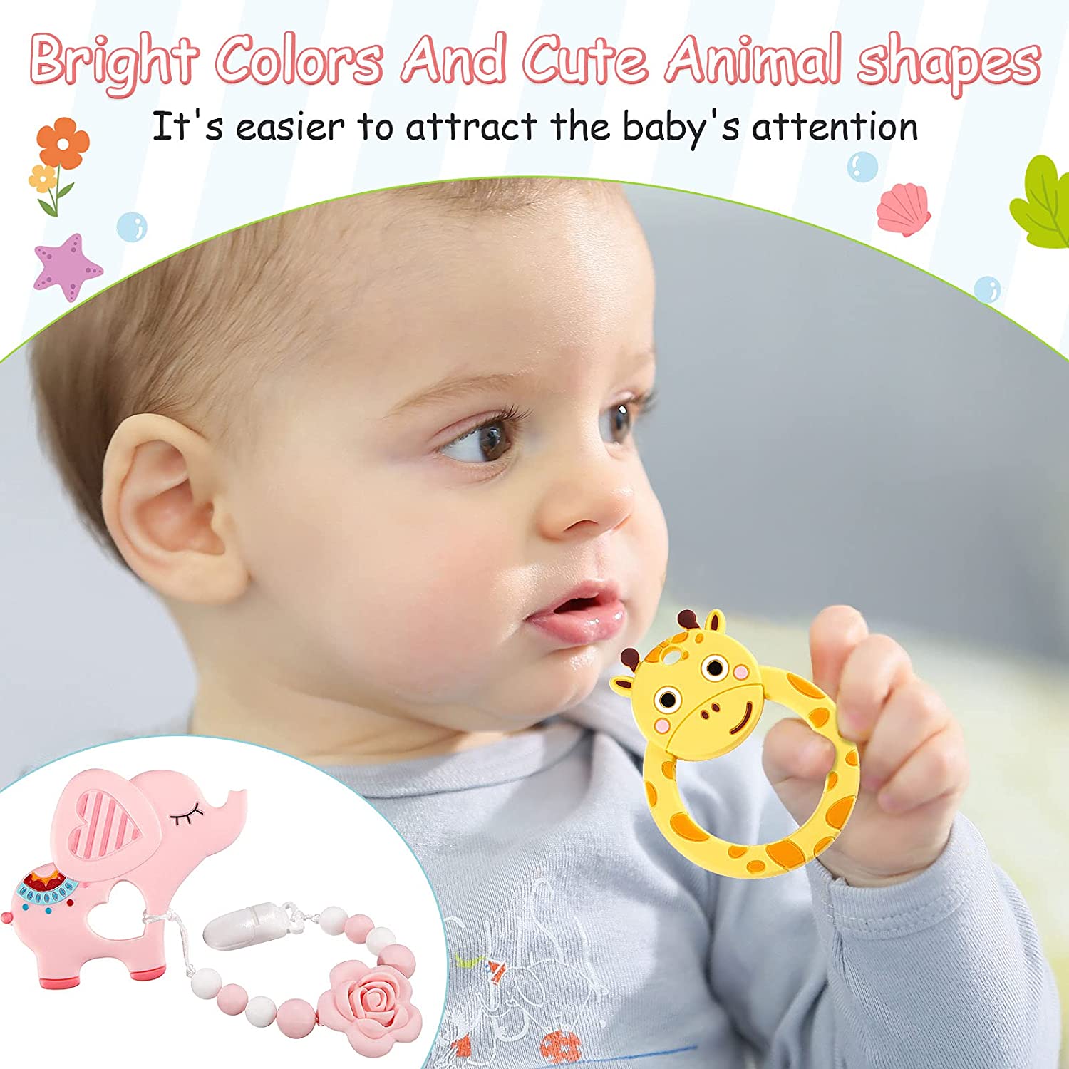 Nuanchu 4 Pieces Baby Teething Toys Animal Silicone Teethers for 0-6/6-12 Months Baby Teethers Eleph