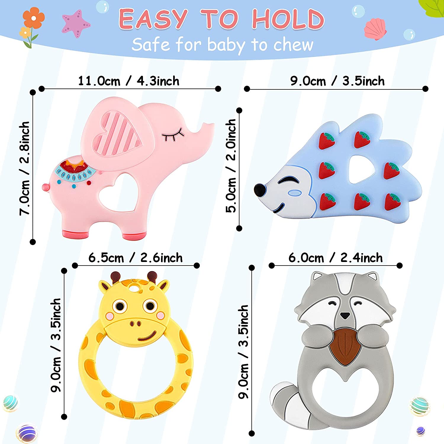 Nuanchu 4 Pieces Baby Teething Toys Animal Silicone Teethers for 0-6/6-12 Months Baby Teethers Eleph
