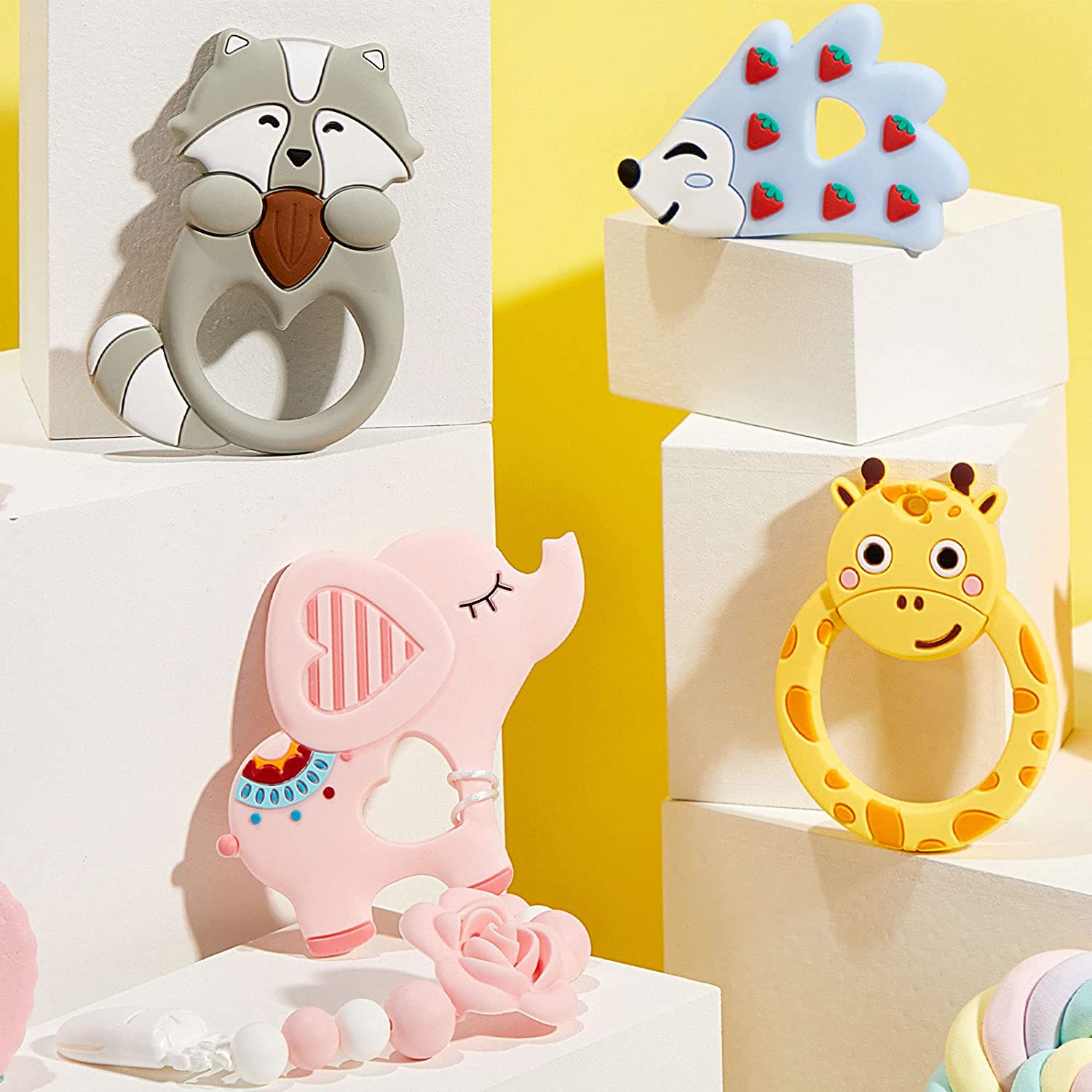 Nuanchu 4 Pieces Baby Teething Toys Animal Silicone Teethers for 0-6/6-12 Months Baby Teethers Eleph