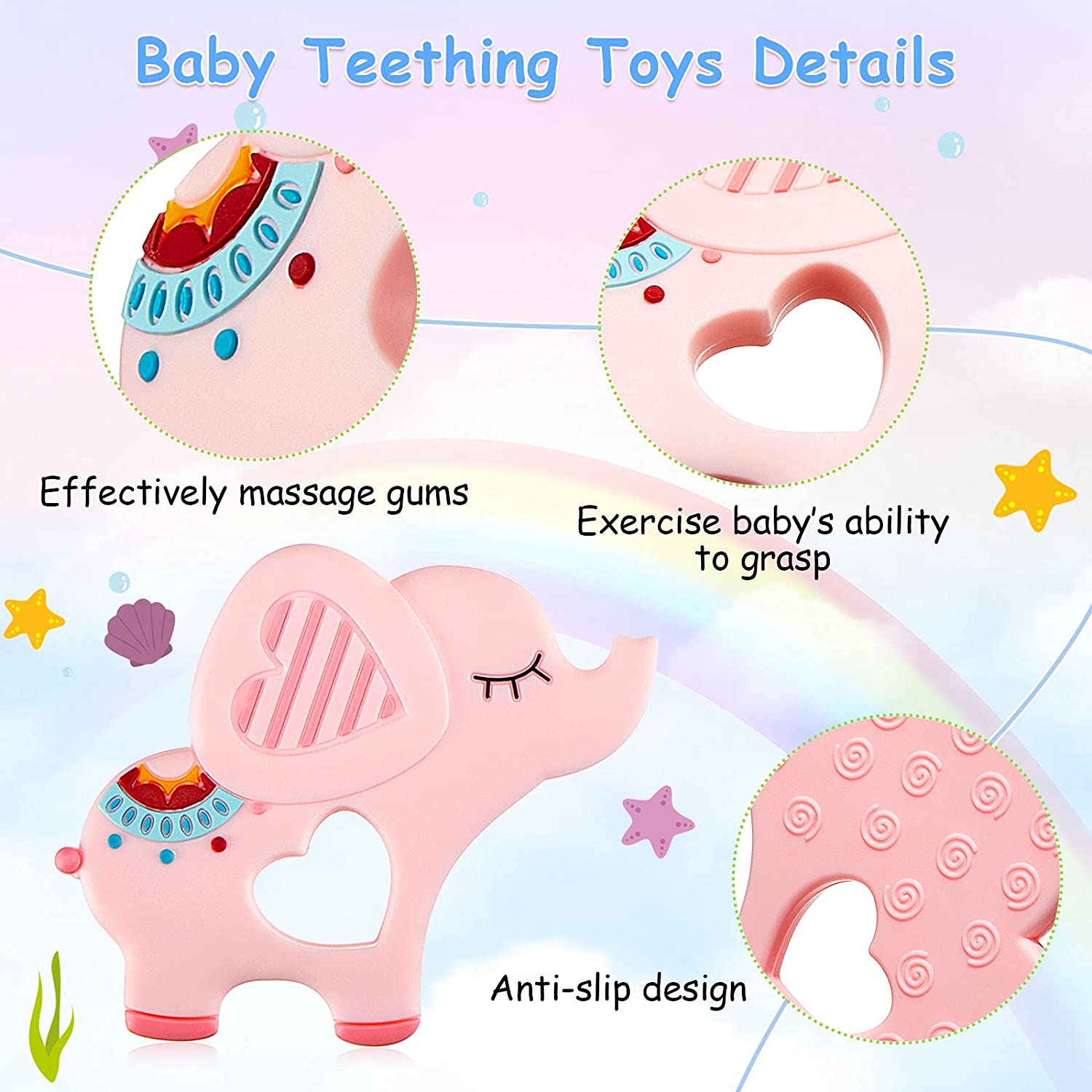 Nuanchu 4 Pieces Baby Teething Toys Animal Silicone Teethers for 0-6/6-12 Months Baby Teethers Eleph