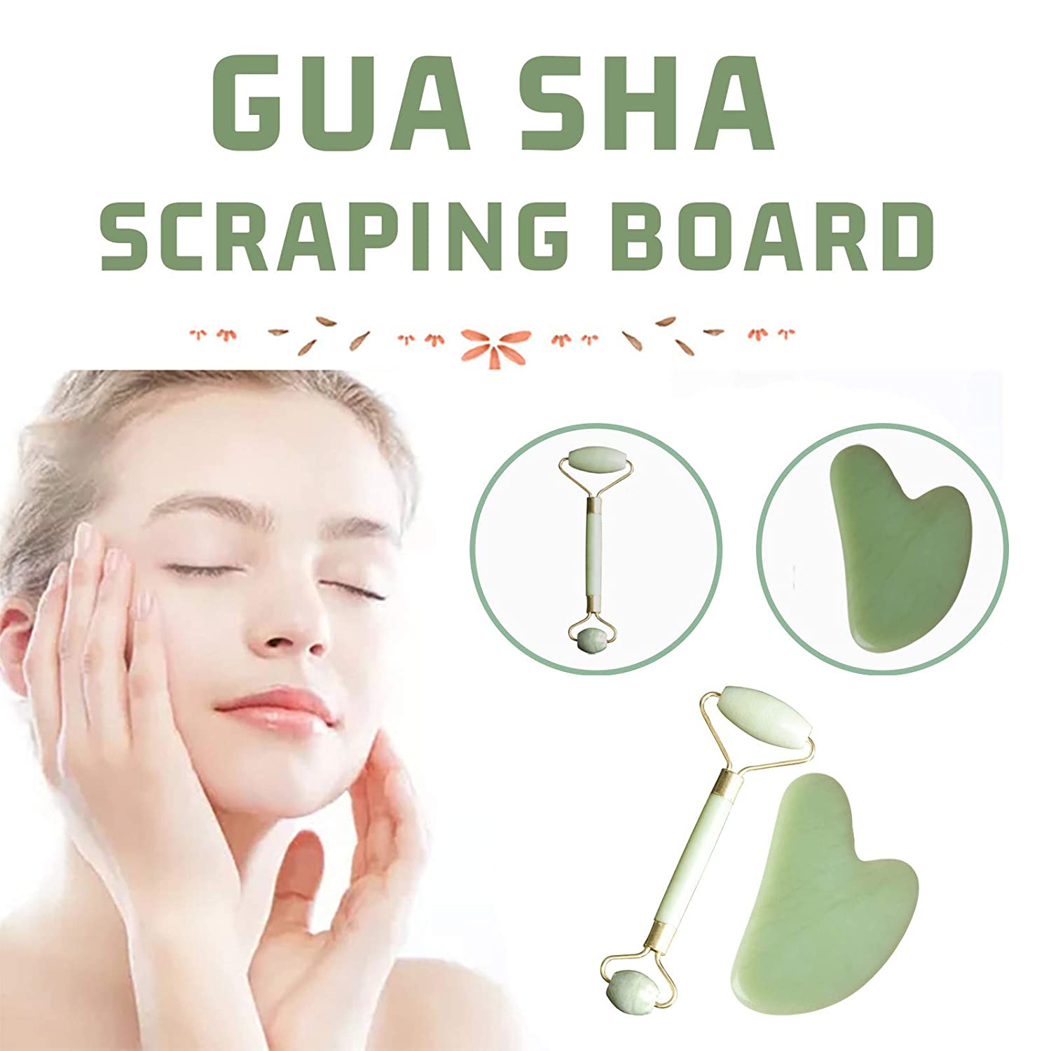 Gua Sha Facial Tool,Jade Roller & Gua Sha,Gua Sha Massage Tool, Natural Rose Quartz Guasha Tool for 