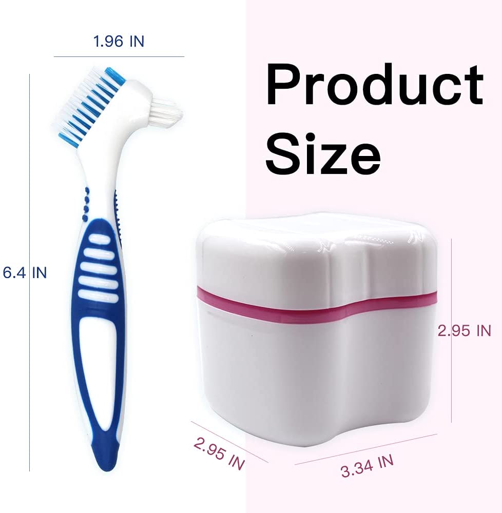 2 Packs Denture Bath Cases and 2 Packs Denture Brushes kit, Portable Professional Denture Cups Dentu