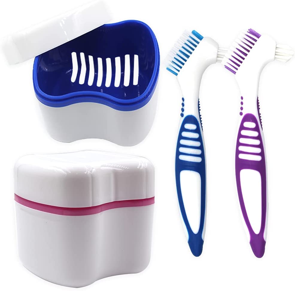 2 Packs Denture Bath Cases and 2 Packs Denture Brushes kit, Portable Professional Denture Cups Dentu