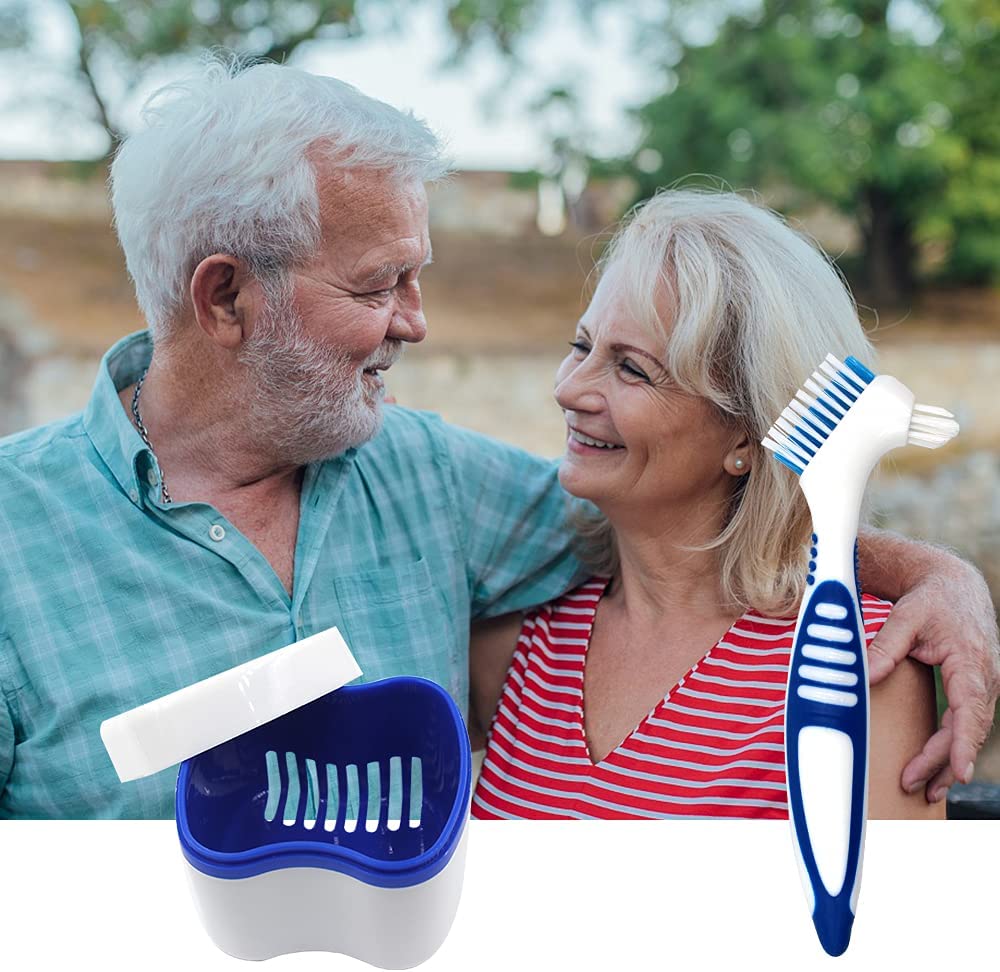 2 Packs Denture Bath Cases and 2 Packs Denture Brushes kit, Portable Professional Denture Cups Dentu