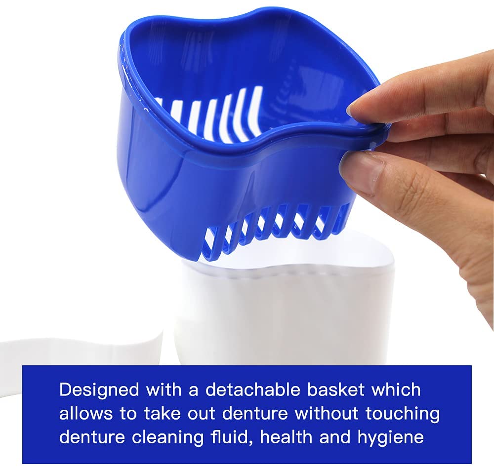 2 Packs Denture Bath Cases and 2 Packs Denture Brushes kit, Portable Professional Denture Cups Dentu