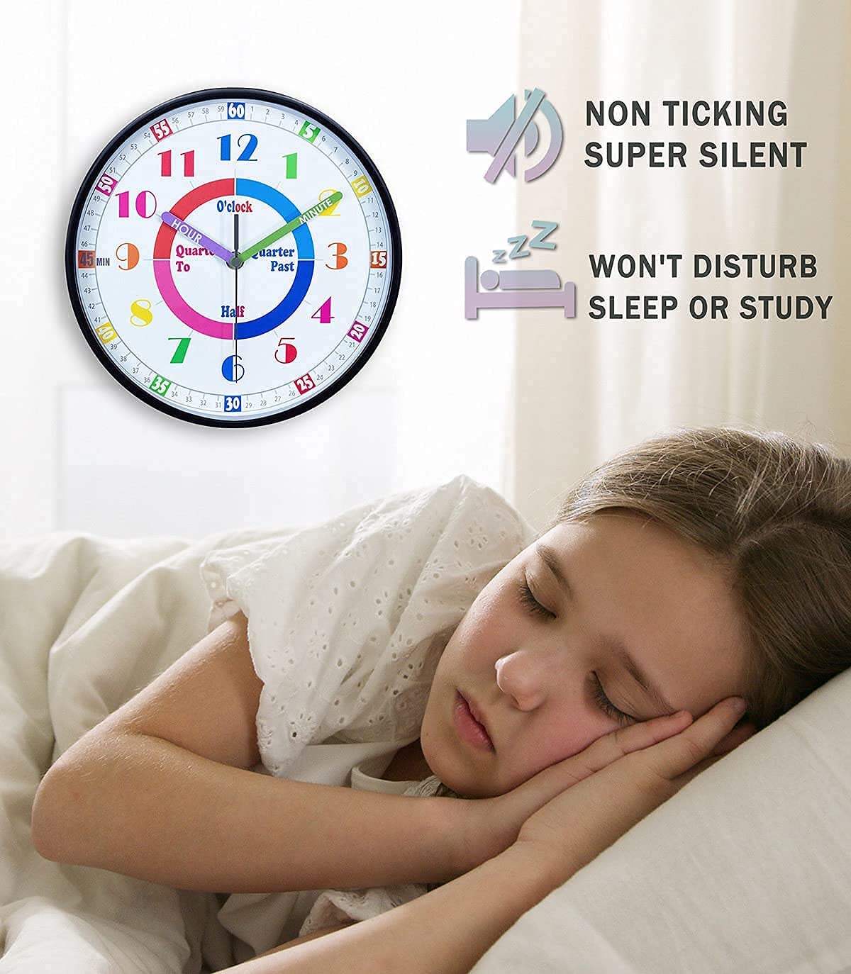 Telling Time Teaching Wall Clock, Silent Movement, Educational Wall Clock, Makes Kids Learning Time 