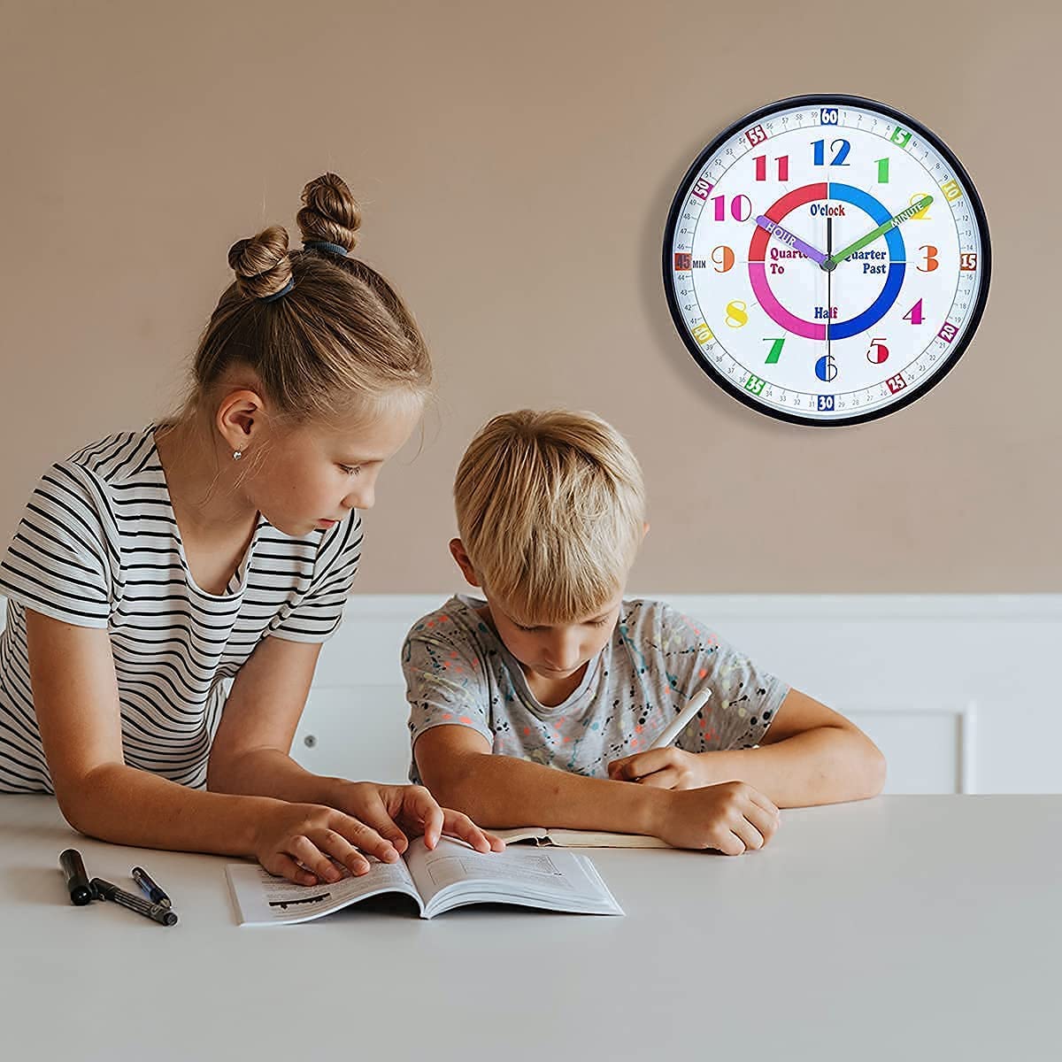 Telling Time Teaching Wall Clock, Silent Movement, Educational Wall Clock, Makes Kids Learning Time 