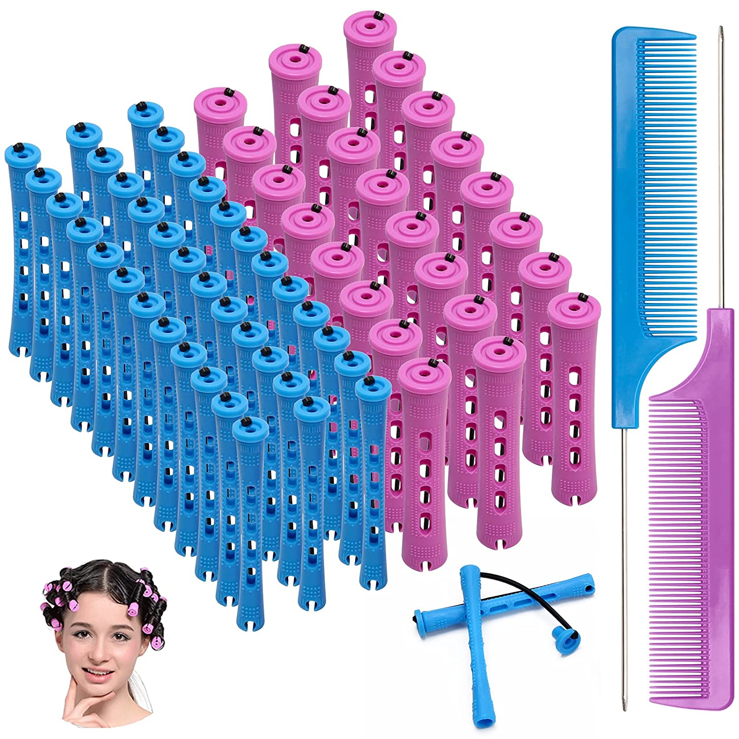 62 PCS Hair Perm Rods Set, Ahier 60 Short Cold Wave Rods Plastic Hair Curling Rollers Curlers 2 Size
