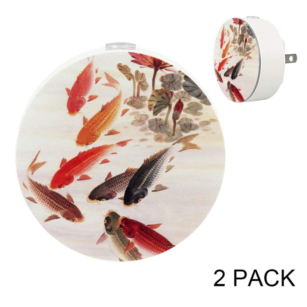 LED Night Light with Nine Fish Lotus Painting Night Light Plug in Wall with Dusk-to-Dawn Sensor 2 Pa