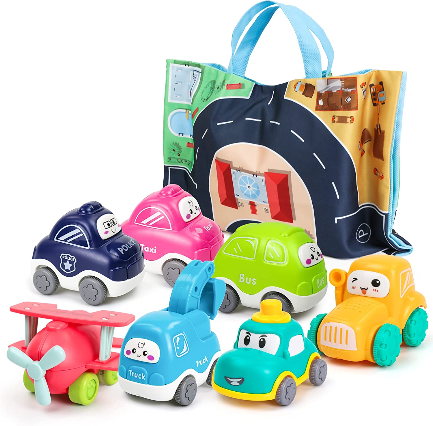 Bamamon Baby Car Toy Sets with Play Mat/Storage Bag , Toys for 1 2 3 Year Old Boys Girls Baby Fricti