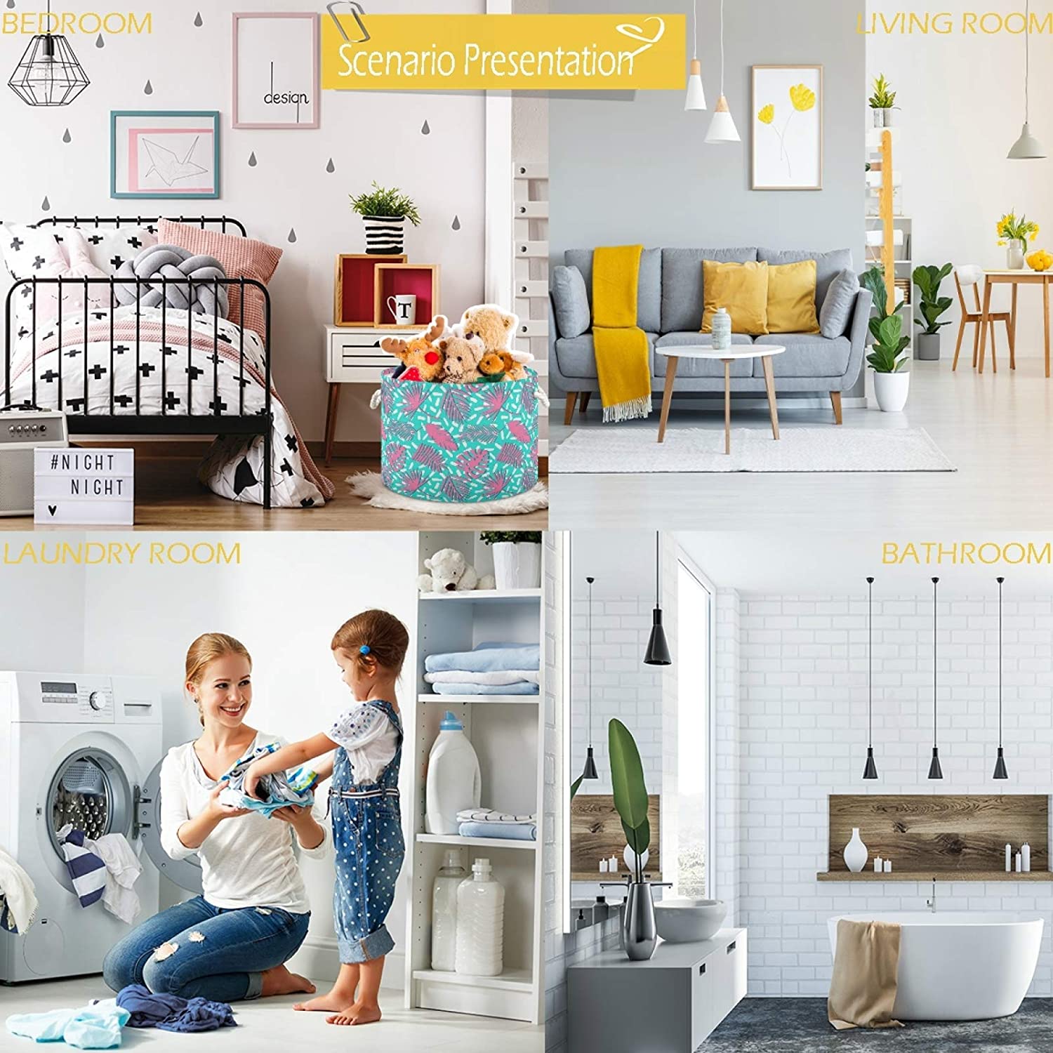 visesunny Tropical Palm Leaf Storage Basket Nursery Hamper Canvas Fabric Toy Storage Organizer Bin S