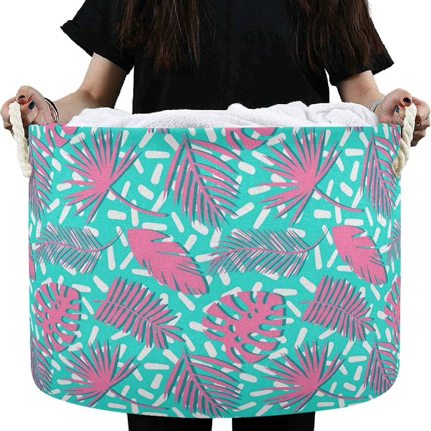 visesunny Tropical Palm Leaf Storage Basket Nursery Hamper Canvas Fabric Toy Storage Organizer Bin S