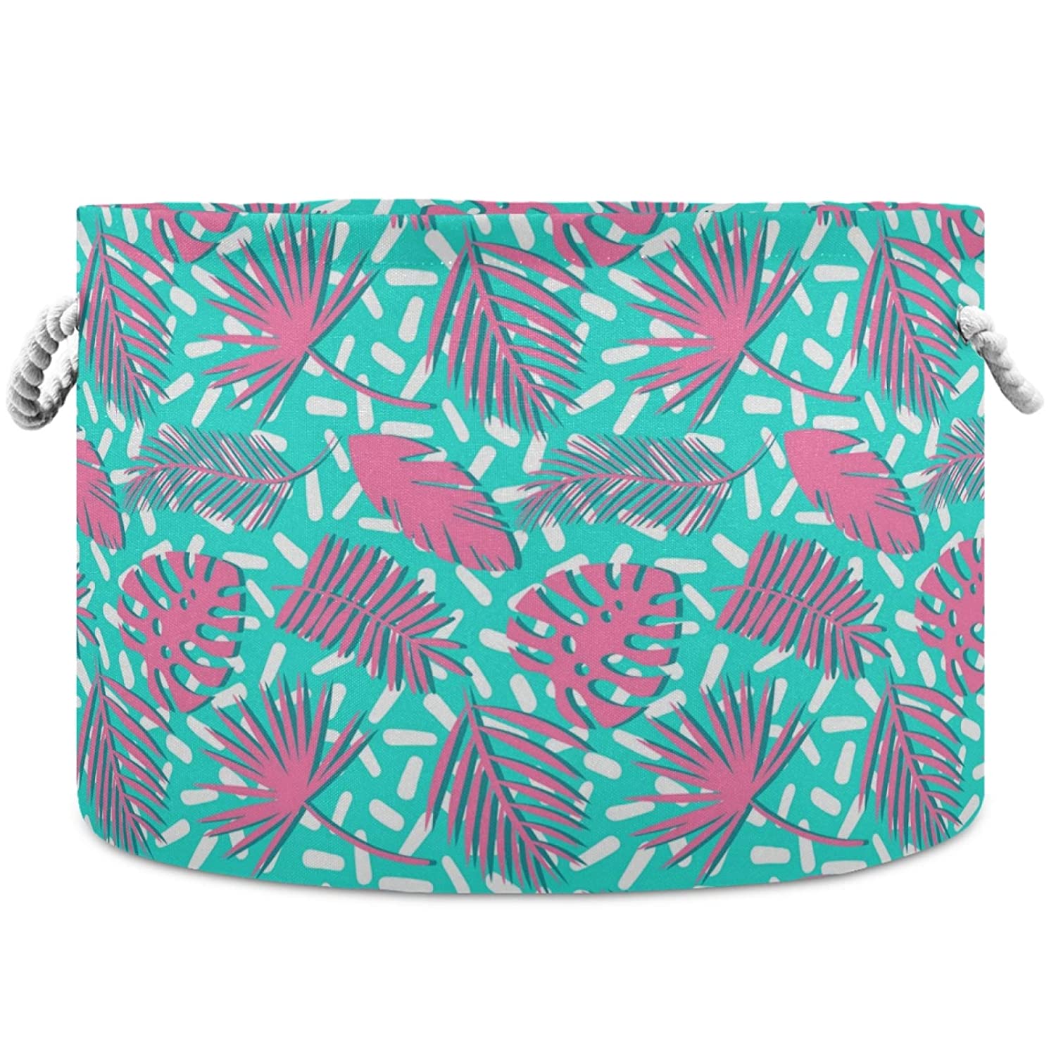 visesunny Tropical Palm Leaf Storage Basket Nursery Hamper Canvas Fabric Toy Storage Organizer Bin S