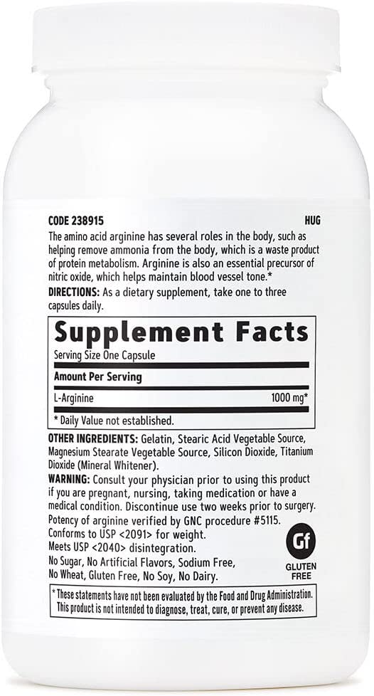 GNC L-Arginine Capsules 1000mg, 90 Capsules, Increases Nitric Oxide Productioin
