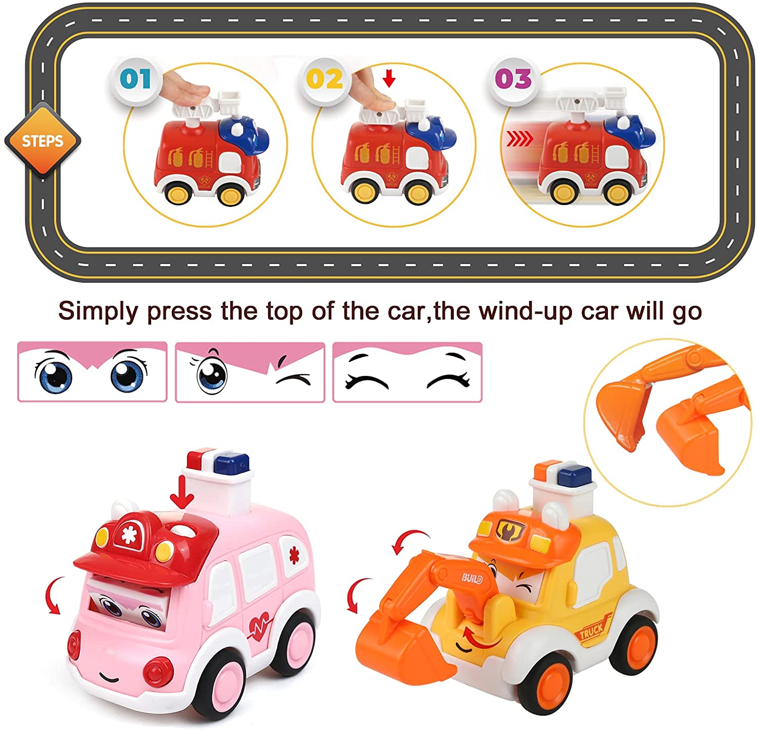 LIHAO 4 Pcs Press and Go Toy Car Push Go Toy Wind Up Cars Press Vehicles for Boys and Girls, Great f