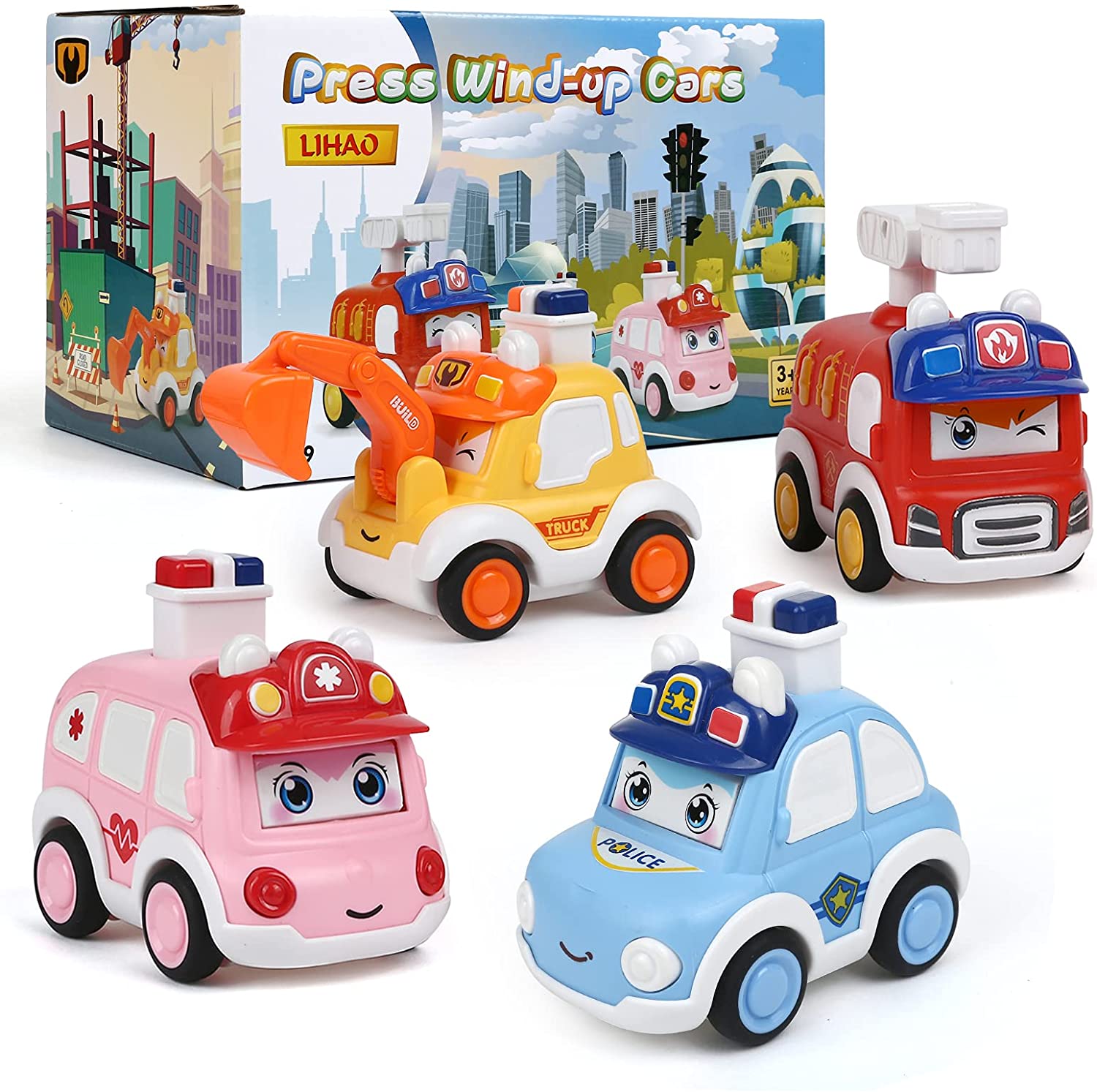 LIHAO 4 Pcs Press and Go Toy Car Push Go Toy Wind Up Cars Press Vehicles for Boys and Girls, Great f