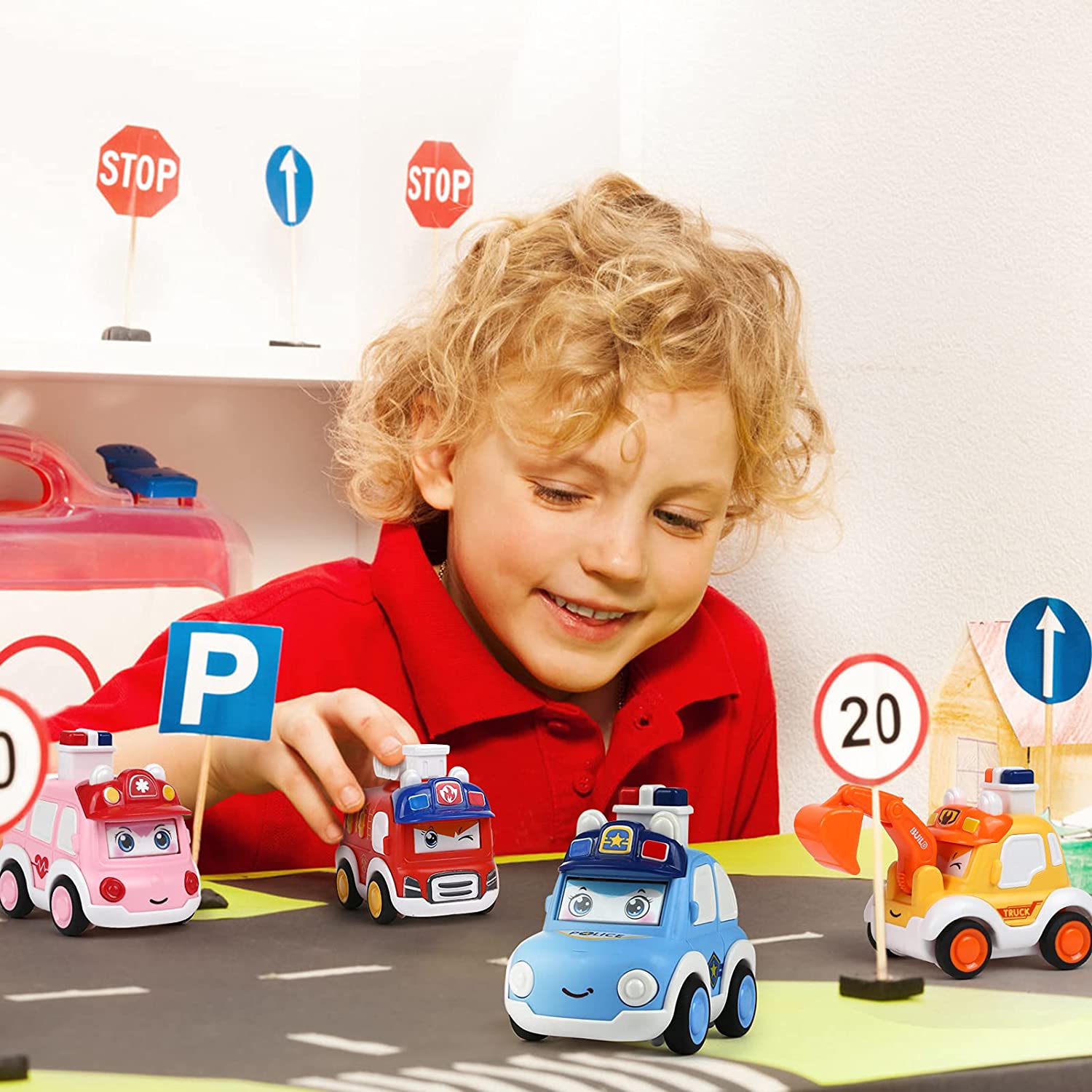 LIHAO 4 Pcs Press and Go Toy Car Push Go Toy Wind Up Cars Press Vehicles for Boys and Girls, Great f
