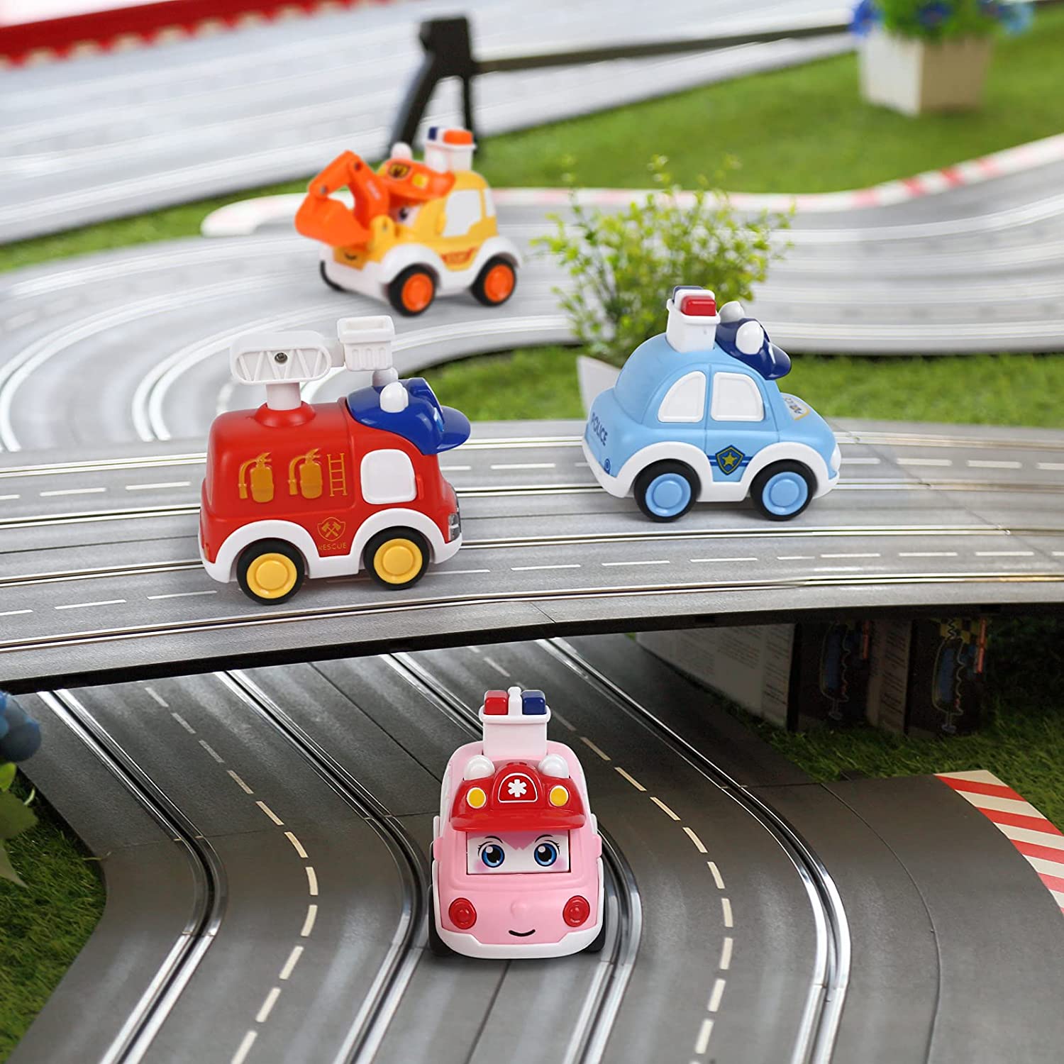 LIHAO 4 Pcs Press and Go Toy Car Push Go Toy Wind Up Cars Press Vehicles for Boys and Girls, Great f