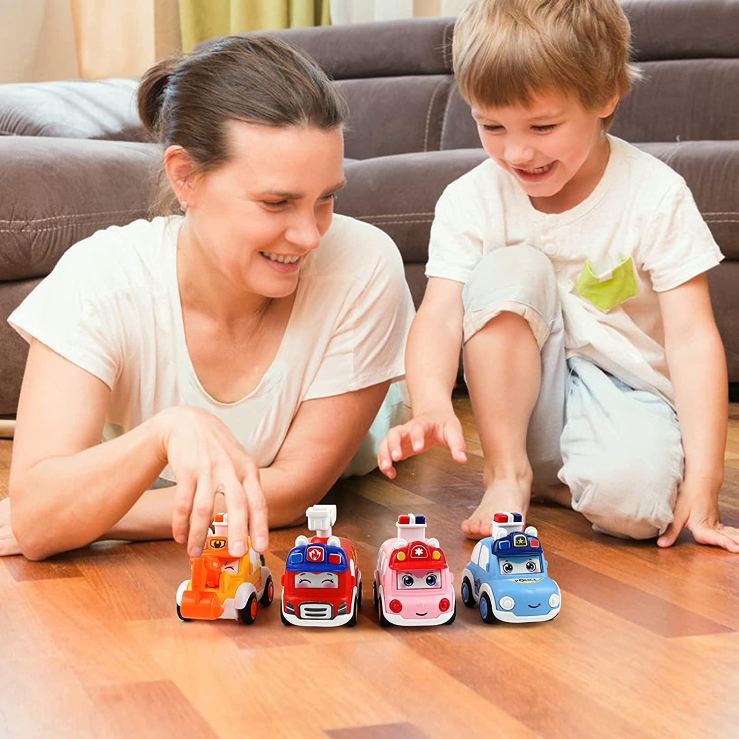 LIHAO 4 Pcs Press and Go Toy Car Push Go Toy Wind Up Cars Press Vehicles for Boys and Girls, Great f