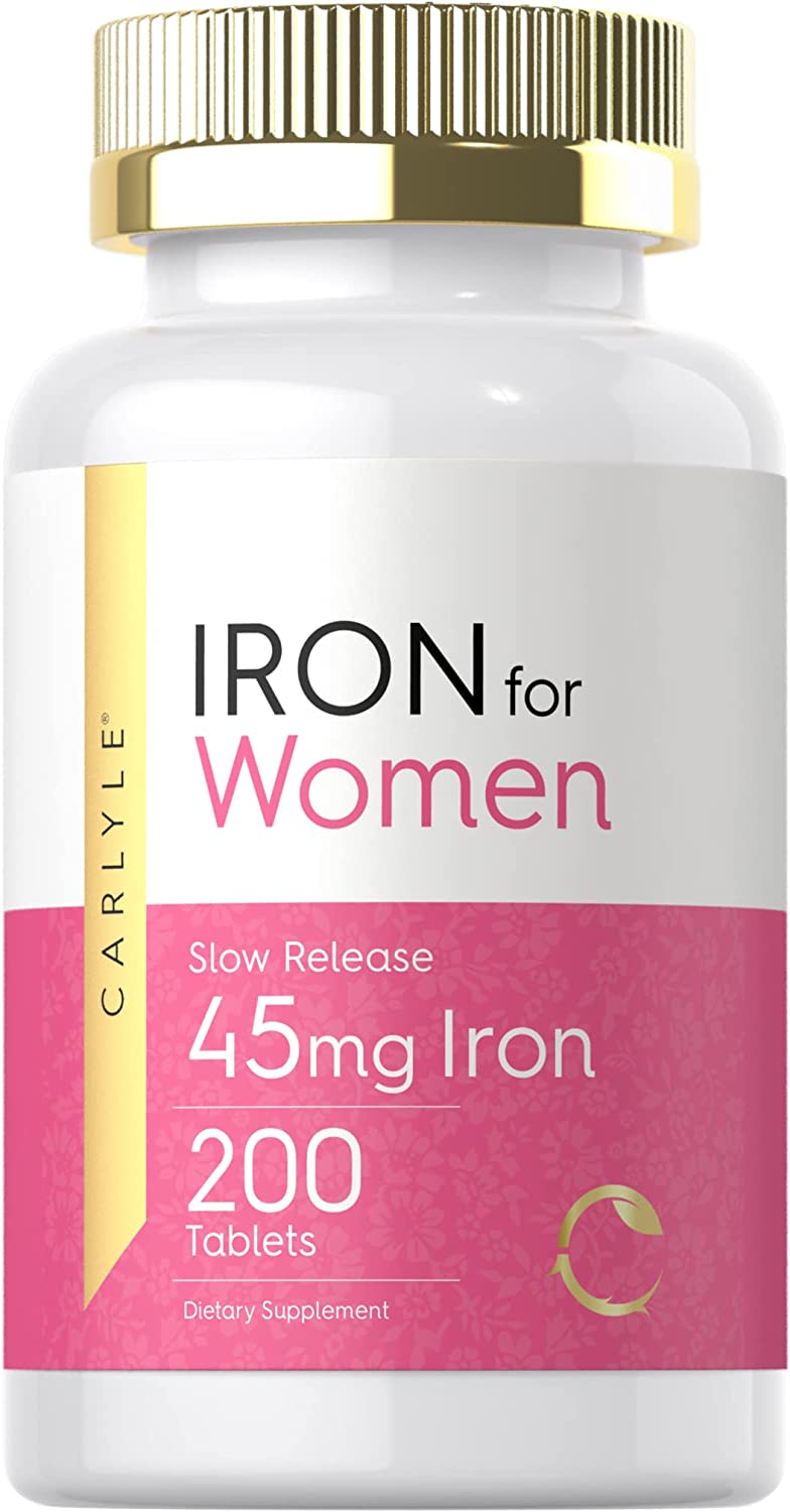 Iron Supplement for Women 45mg | 200 Tablets | Vegetarian, Non-GMO, Gluten Free, Slow Release Pills