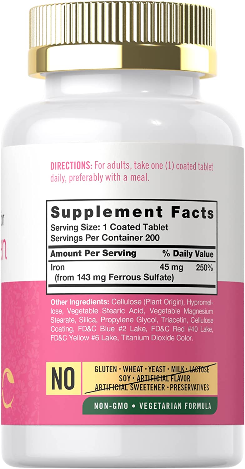 Iron Supplement for Women 45mg | 200 Tablets | Vegetarian, Non-GMO, Gluten Free, Slow Release Pills